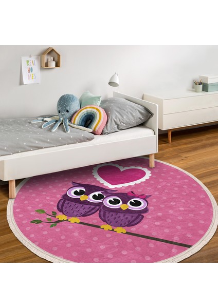 Baykuş Desenli Çocuk & Genç Odası Makinede Yıkanabilir Kaymaz Tabanlı Püsküllü Yuvarlak Çocuk Halısı fiyatları