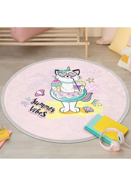 Pembe Zemin Tatil Temalı Sevimli Kedi Desenli Çocuk & Genç Odası Makinede Yıkanabilir Kaymaz Tabanlı Püsküllü Yuvarlak Çocuk Halısı indirimleri