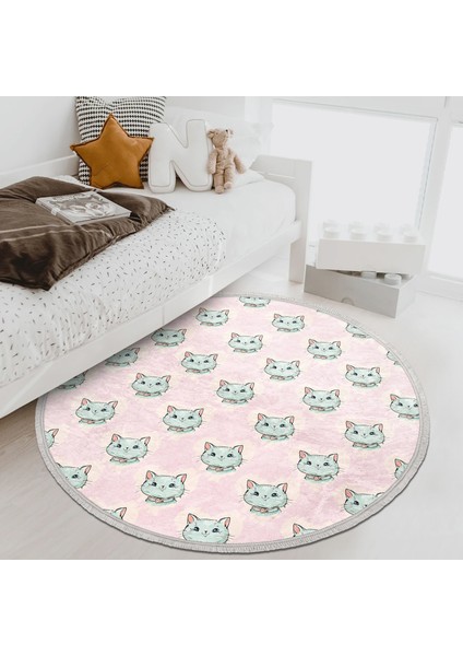 Pembe Zeminde Kedi Desenli Çocuk & Genç Odası Makinede Yıkanabilir Kaymaz Tabanlı Püsküllü Yuvarlak Çocuk Halısı
