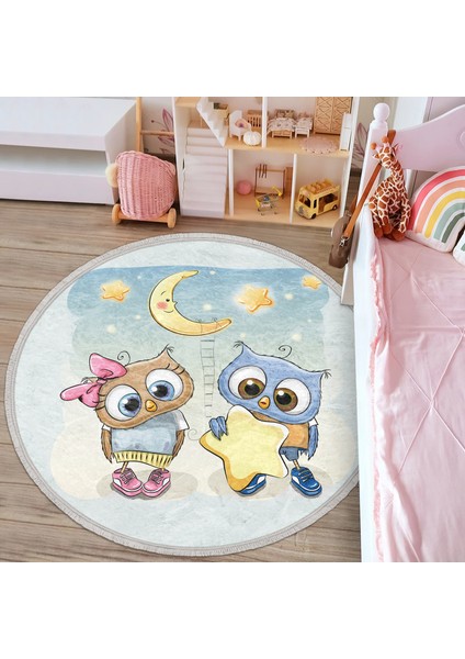 Baykuş Desen Çocuk & Genç Odası Makinede Yıkanabilir Kaymaz Tabanlı Püsküllü Yuvarlak Çocuk Halısı