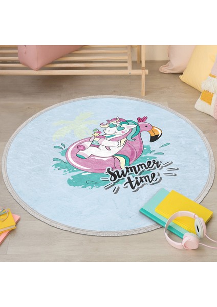 Mavi Zemin Flamingo Unicorn Temalı Çocuk & Genç Odası Makinede Yıkanabilir Kaymaz Tabanlı Püsküllü Yuvarlak Çocuk Halısı
