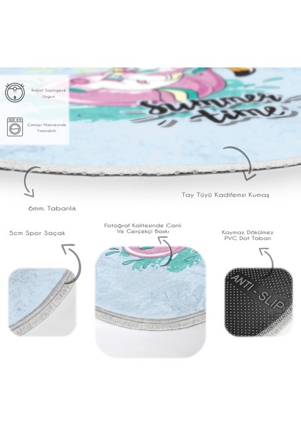 Mavi Zemin Flamingo Unicorn Temalı Çocuk & Genç Odası Makinede Yıkanabilir Kaymaz Tabanlı Püsküllü Yuvarlak Çocuk Halısı modelleri