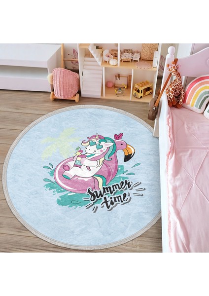 Mavi Zemin Flamingo Unicorn Temalı Çocuk & Genç Odası Makinede Yıkanabilir Kaymaz Tabanlı Püsküllü Yuvarlak Çocuk Halısı fırsatları