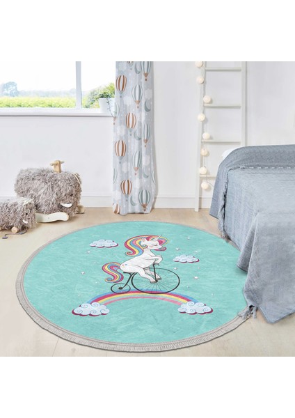Bisiklete Binmiş Unicorn Desenli Çocuk & Genç Odası Makinede Yıkanabilir Kaymaz Tabanlı Püsküllü Yuvarlak Çocuk Halısı fiyatları