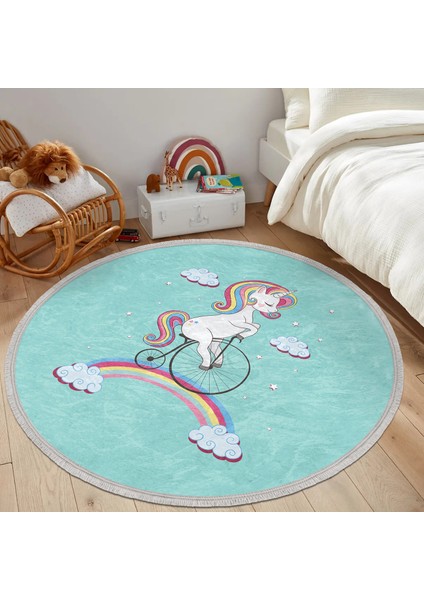 Bisiklete Binmiş Unicorn Desenli Çocuk & Genç Odası Makinede Yıkanabilir Kaymaz Tabanlı Püsküllü Yuvarlak Çocuk Halısı modelleri