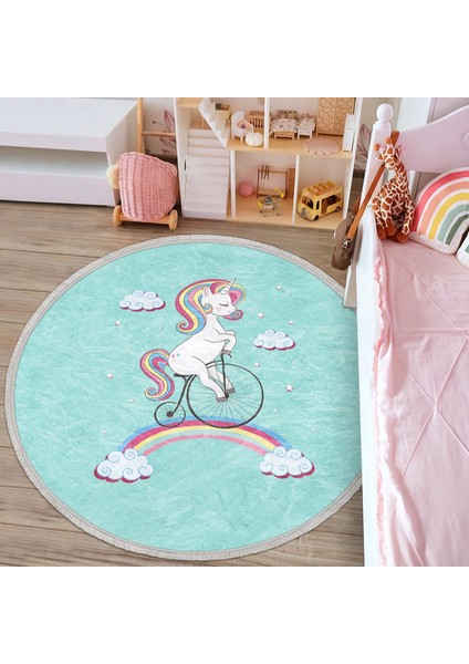 Bisiklete Binmiş Unicorn Desenli Çocuk & Genç Odası Makinede Yıkanabilir Kaymaz Tabanlı Püsküllü Yuvarlak Çocuk Halısı indirimleri