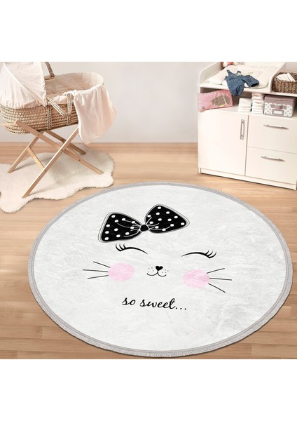 So Sweet Motifli Çizimi Çocuk & Genç Odası Makinede Yıkanabilir Kaymaz Tabanlı Püsküllü Yuvarlak Çocuk Halısı