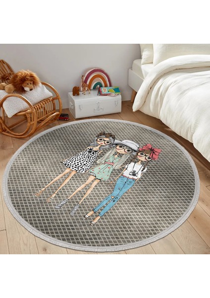 Fashion Girls Çocuk & Genç Odası Makinede Yıkanabilir Kaymaz Tabanlı Püsküllü Yuvarlak Çocuk Halısı