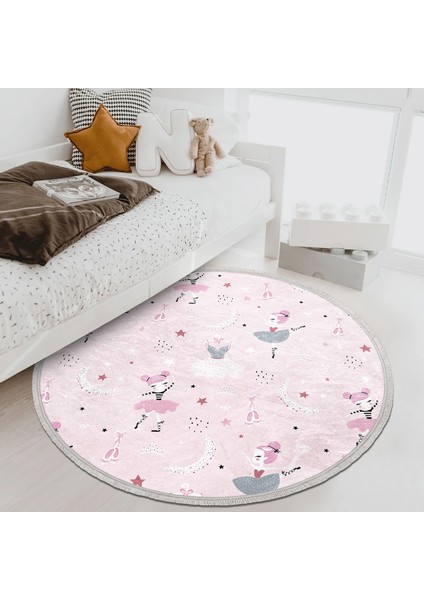 Pembe Zeminde Balerin Desenli Çocuk & Genç Odası Makinede Yıkanabilir Kaymaz Tabanlı Püsküllü Yuvarlak Çocuk Halısı modelleri