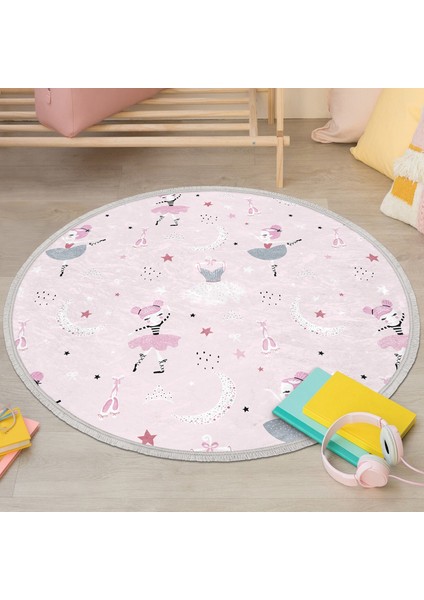 Pembe Zeminde Balerin Desenli Çocuk & Genç Odası Makinede Yıkanabilir Kaymaz Tabanlı Püsküllü Yuvarlak Çocuk Halısı fiyatları