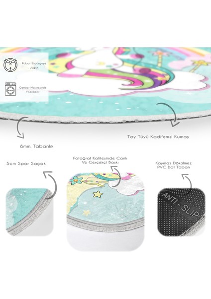 Yeşil Zeminde Sevimli At Çizimli Çocuk & Genç Odası Makinede Yıkanabilir Kaymaz Tabanlı Püsküllü Yuvarlak Çocuk Halısı