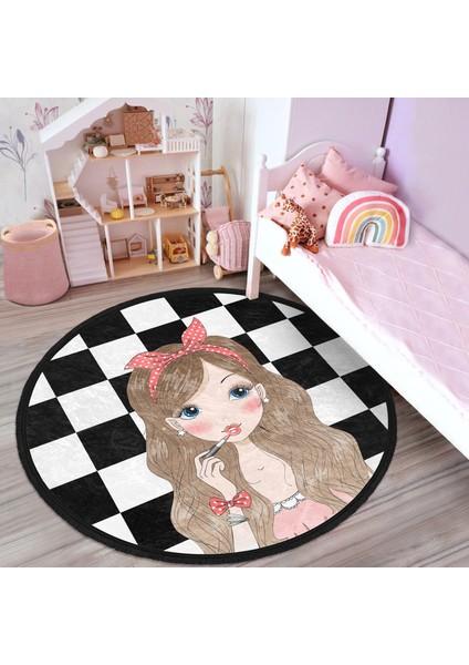 Dama Zeminli Fashion Girl Tasarımlı Çocuk & Genç Odası Makinede Yıkanabilir Kaymaz Tabanlı Püsküllü Yuvarlak Çocuk Halısı indirimleri