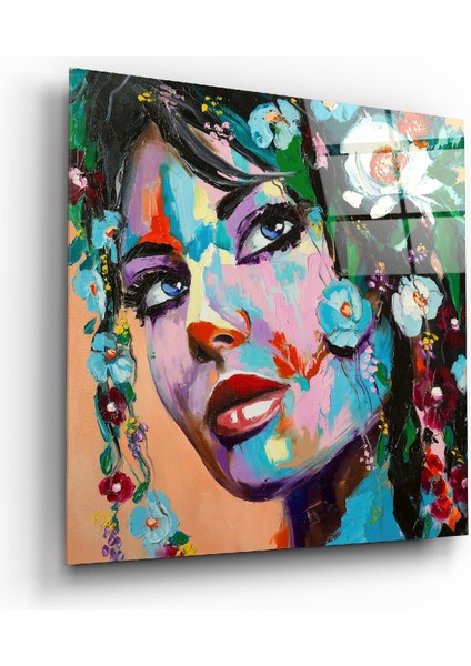 Çiçekli Kadın Cam Tablo - 40X40 cm