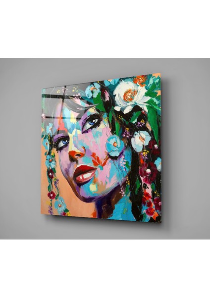 Çiçekli Kadın Cam Tablo - 40X40 cm