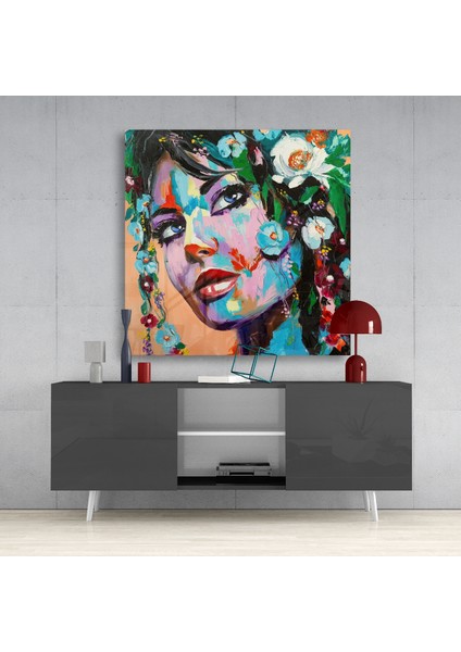 Çiçekli Kadın Cam Tablo - 40X40 cm