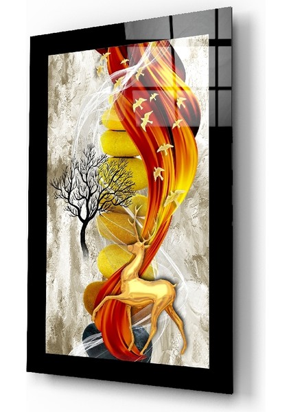 Kırmızı Altın Geyik Cam Tablo - 72X46 cm