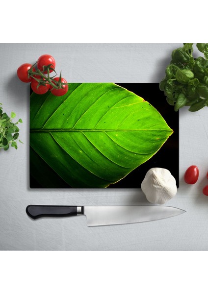 Yeşil Yaprak Uv Baskılı Cam Kesme Tablası 35X25 cm