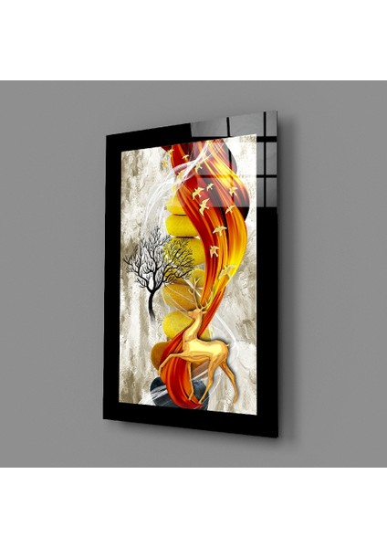Kırmızı Altın Geyik Cam Tablo - 72X46 cm