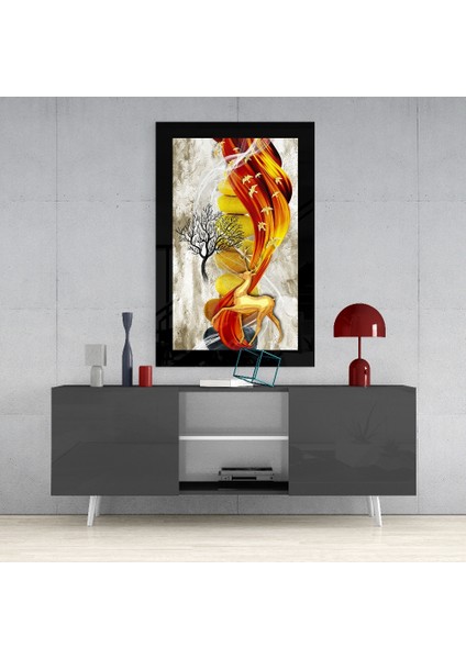 Kırmızı Altın Geyik Cam Tablo - 72X46 cm