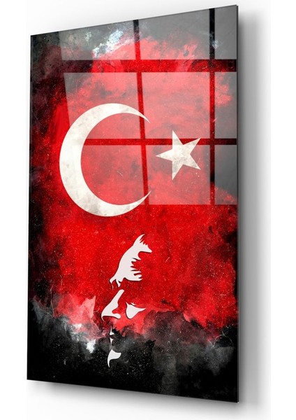 Atatürk Silüeti ve Türk Bayrağı Cam Tablo - 72X46 cm