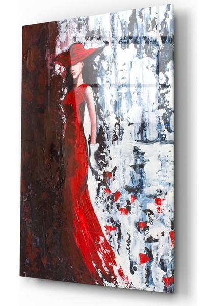 Kırmızı Şapkalı Kadın Cam Tablo - 72X46 cm