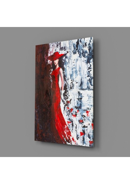 Kırmızı Şapkalı Kadın Cam Tablo - 72X46 cm fiyatları