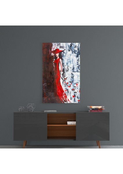 Kırmızı Şapkalı Kadın Cam Tablo - 72X46 cm fırsatları