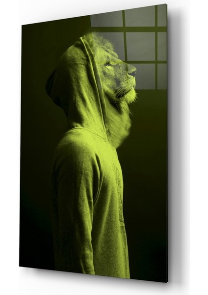 Yeşil Aslan Kafa Cam Tablo - 72X46 cm