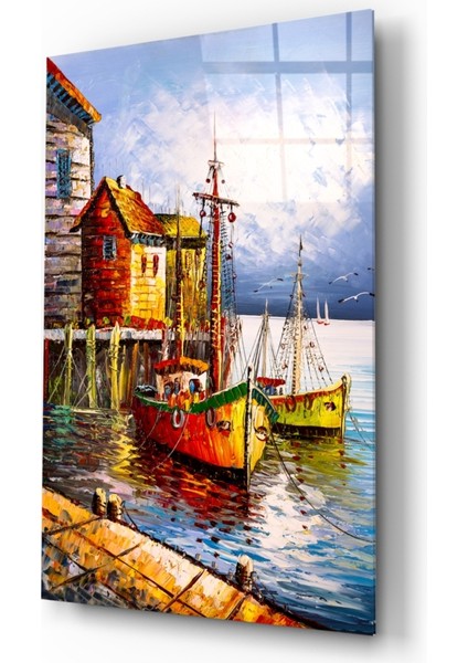 Kıyıdaki Tekneler Cam Tablo - 72X46 cm