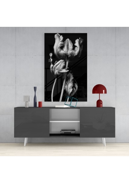 Siyah Beyaz Çiçekler Cam Tablo - 72X46 cm