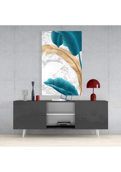 Turkuaz Yapraklar Cam Tablo - 72X46 cm