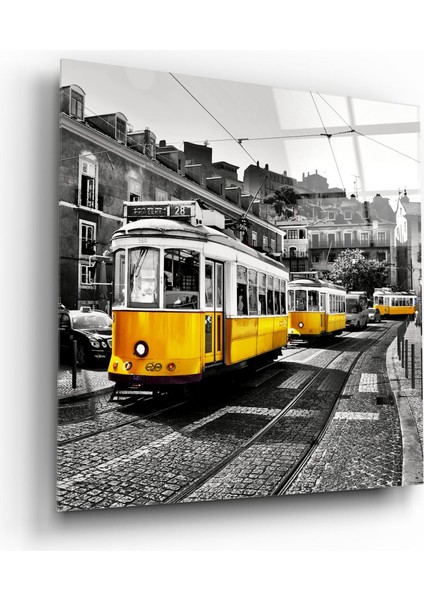 Lizbon Sarı Tramvay Cam Tablo - 40X40 cm