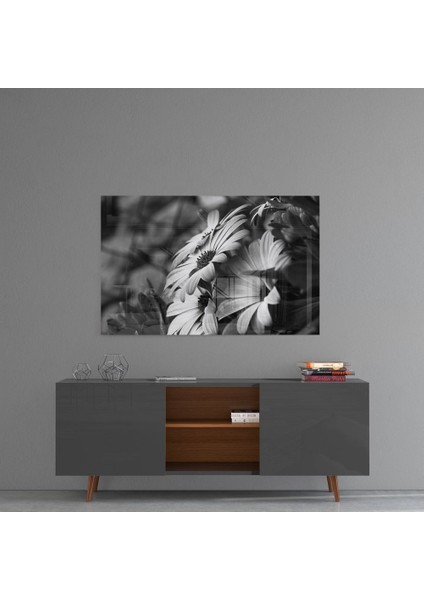 Siyah - Beyaz Çiçek Cam Tablo - 72X46 cm fırsatları