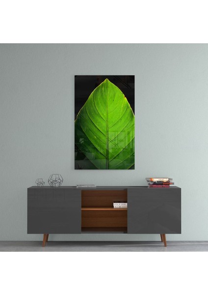 Yeşil Yaprak Cam Tablo - 72X46 cm