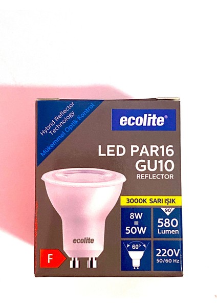 ECOLİTE PAR16 GU10 3000 K SARI IŞIK 8 W=50W 580 LM IŞIK GÜCÜ SPOT LED AMPÜL 3 ADET