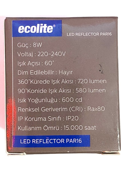 ECOLİTE PAR16 GU10 3000 K SARI IŞIK 8 W=50W 580 LM IŞIK GÜCÜ SPOT LED AMPÜL 3 ADET