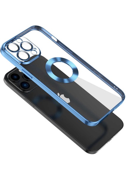 Apple iPhone 12 Pro Max Kılıf Logo Gösteren Parlak Kenarlı Kamera Lens Korumalı Şeffaf Omega Silikon Kapak