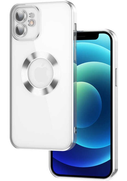 Apple iPhone 12 Kılıf Logo Gösteren Parlak Kenarlı Kamera Lens Korumalı Şeffaf Omega Silikon Kapak