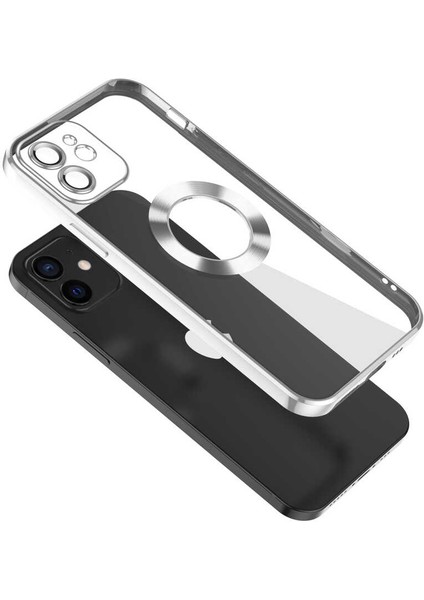 Apple iPhone 12 Kılıf Logo Gösteren Parlak Kenarlı Kamera Lens Korumalı Şeffaf Omega Silikon Kapak