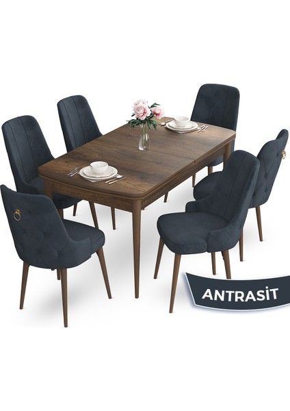 Concept Nev Serisi 80 x 132 cm Açılabilir Barok Ahşap Desen Masa Takımı 6 Sandalye Gold Halkalı
