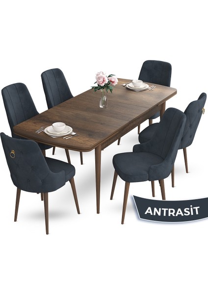 Concept Nev Serisi 80 x 132 cm Açılabilir Barok Ahşap Desen Masa Takımı 6 Sandalye Gold Halkalı