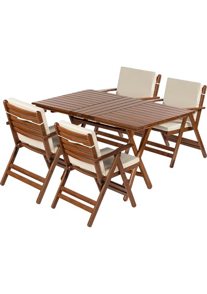 Antalya Ahşap Bahçe Balkon Takımı 80 x 160 cm Masa + 4 Minderli Sandalye Katlanır Set