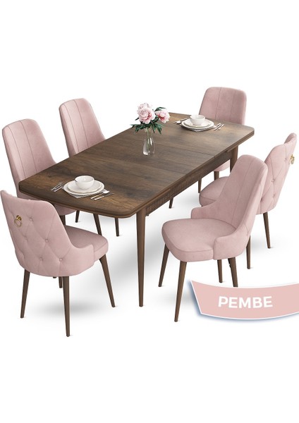 Concept Nev Serisi 80 x 132 cm Açılabilir Barok Ahşap Desen Masa Takımı 6 Sandalye Gold Halkalı fiyatları
