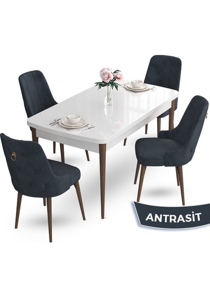 Concept Nev Serisi 80 x 132 cm Açılabilir Beyaz Masa Ceviz Ayak Masa Takımı 4 Sandalye Gold Halkalı