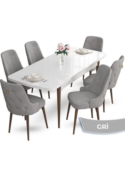 Concept Nev Serisi 80 x 132 cm Açılabilir Beyaz Masa Ceviz Ayak Masa Takımı 6 Sandalye Gold Halkalı