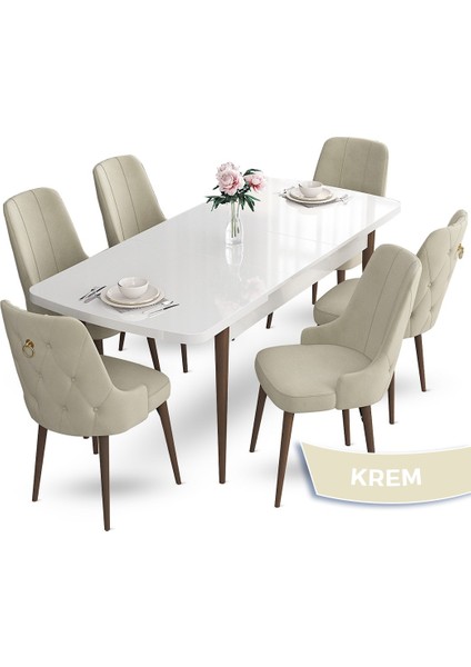 Concept Nev Serisi 80 x 132 cm Açılabilir Beyaz Masa Ceviz Ayak Masa Takımı 6 Sandalye Gold Halkalı fiyatları