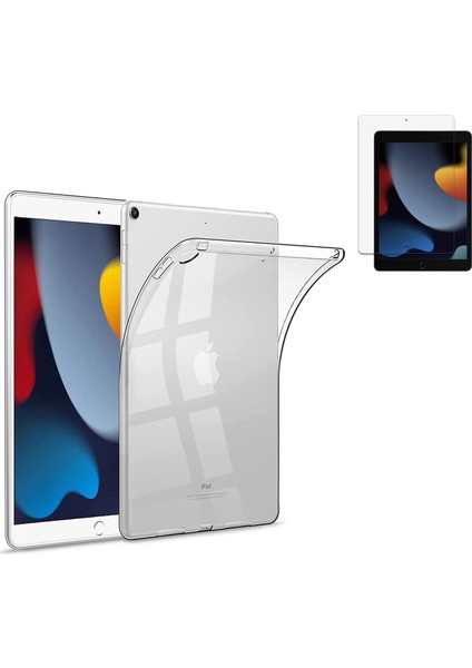 Apple iPad 9. Nesil 10.2'' Şeffaf Silikon Kılıf + Nano Cam Ekran Koruyucu