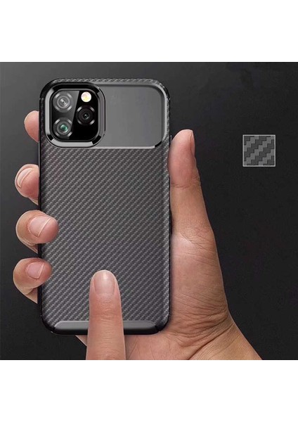 Apple iPhone 11 Pro Max Karbon Görünüm Negro Silikon Kılıf + Ekran Koruyucu Nano