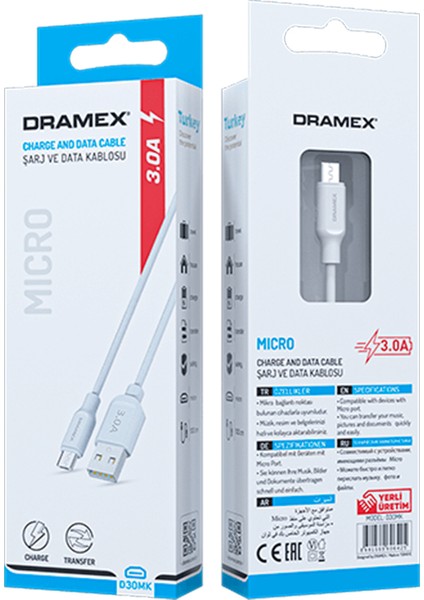 D30MK Micro USB Data/şarj Kablosu 3.0A 1mt Beyaz indirimleri