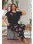 Siyah Renk Çiçek Desenli LADY-10852 Kadın Kısa Kol Büyük Beden Pijama Takımı 2